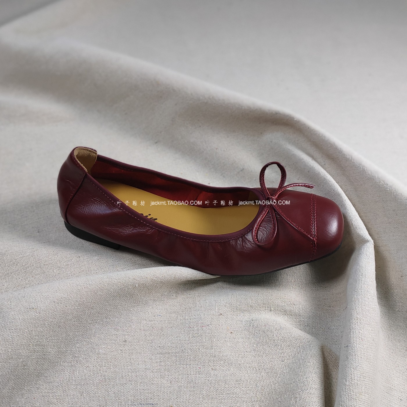 纯原！防XIAO人本命年红色~复古显瘦打腊牛皮蝴蝶结小皮鞋平底鞋