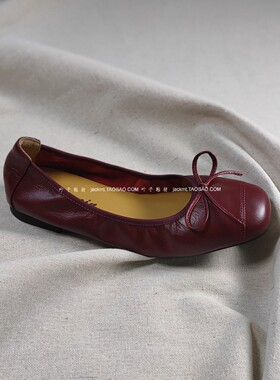 纯原！防XIAO人本命年红色~复古显瘦打腊牛皮蝴蝶结小皮鞋平底鞋