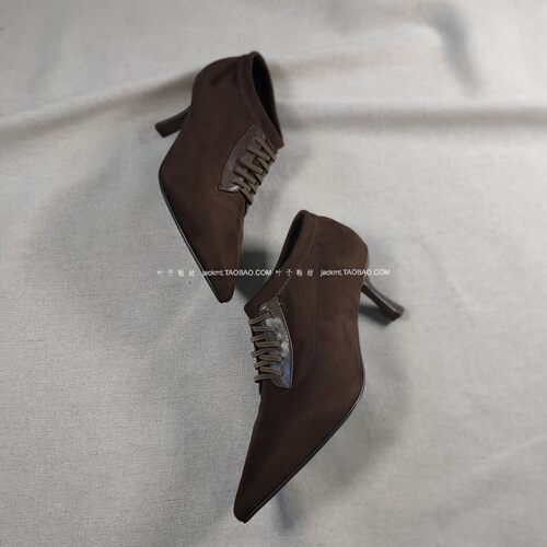 仅2对 ~纯原！超值福利~复古尖头高跟短靴及裸靴咖啡色脚踝靴子女