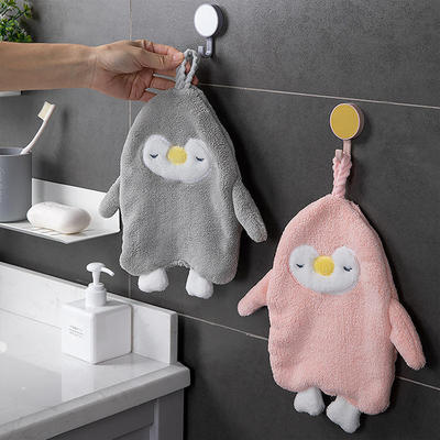 浴室卫生间可爱吸水挂巾毛巾珊瑚绒挂式企鹅擦手巾厨房卡通擦手巾