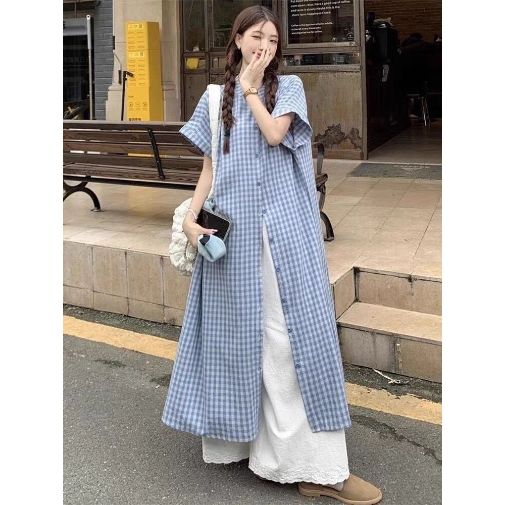 HM日系甜美叠穿套装女夏季感格子衬衫连衣裙蕾丝阔腿裤两件套潮