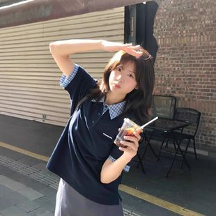 HM韩系复古假两件正肩短袖 宽松学院风上 t恤女拼接格纹Polo衫 夏季