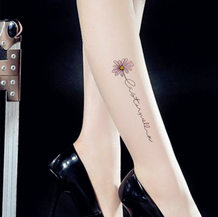 手绘小清新雏菊 小花朵菊花英文 防水纹身贴纸女 锁骨贴脚踝贴