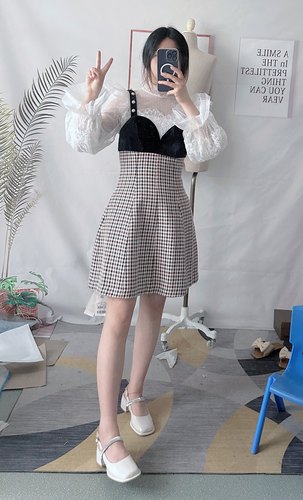 映氏ins女装专柜国内代购2021秋421360160千鸟格拼接吊带连衣裙