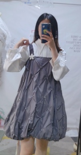 映氏ins女装专柜国内代购2022秋422360215压花珍珠背带连衣裙可爱