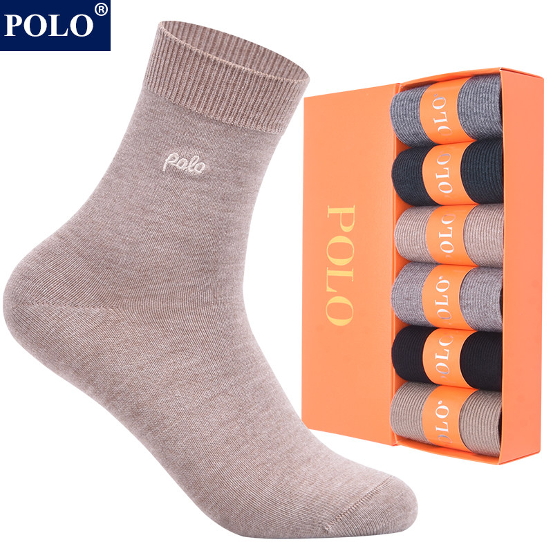 polo秋冬季女羊毛袜子保暖防臭吸汗纯色休闲百搭无骨中筒袜礼盒装