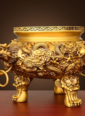 热销纯黄铜香炉九龙摆件客厅家用佛堂室内双龙香炉烧香熏炉特大号