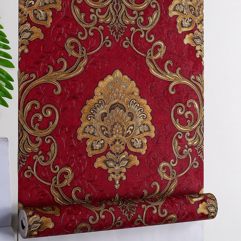 热销暗红色3D欧式大花墙纸 客厅酒店饭店KTV背景墙奢华大红色浮雕