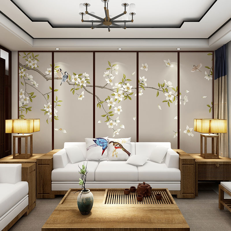 热销壁布现代简约艺术l手绘花鸟墙纸新中式客厅电视背景墙壁纸卧