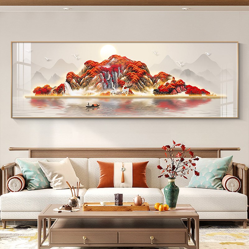 热销鸿运当头客厅挂画有靠山办公室山水画高级装饰画背景墙沙发墙