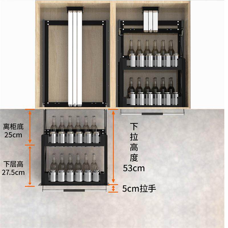 热销厨房吊柜升降拉篮垂直下拉式调味篮橱柜升降机调料架窄柜伸缩