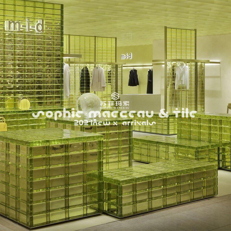 热销绿色方形实心热熔玻璃砖隔断墙玄关透明水晶砖酒店卫生间磨砂