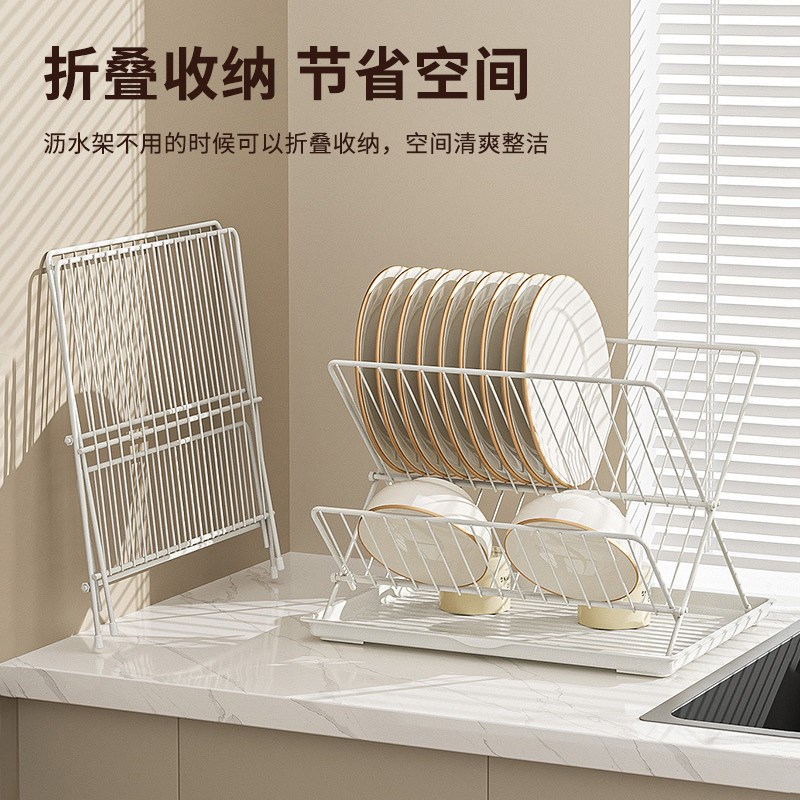 热销可折叠沥水碗架家用型双层沥水架台面式带接水盘厨房碗碟收纳