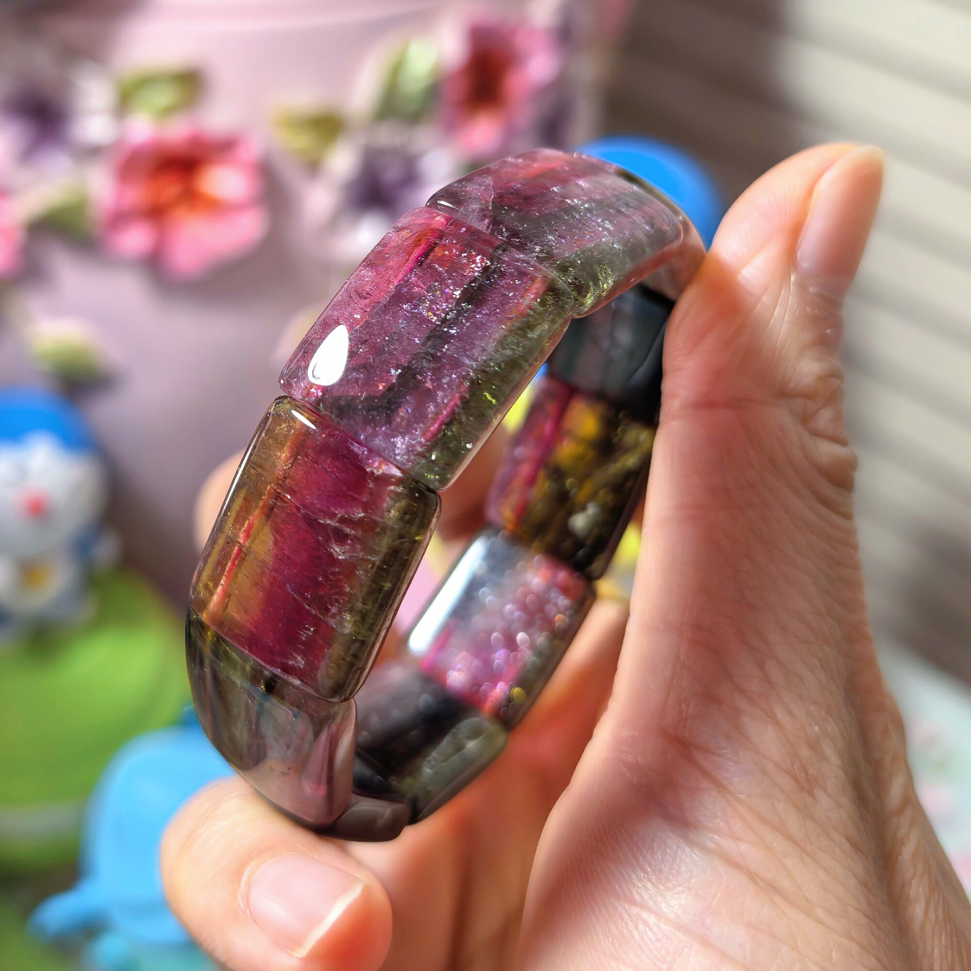 稀有通透天然超厚实巴西老坑料彩虹碧玺大手排19mm*16mm横排手镯