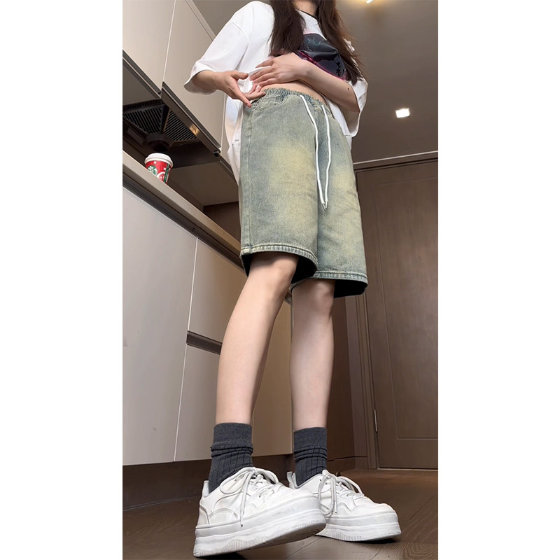 夏季泥黄色百搭五分牛仔短裤