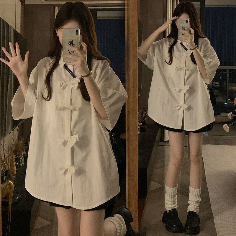 学院风蝴蝶结polo领短袖衬衫女夏季甜美宽松懒懒风少女半袖衬衣潮