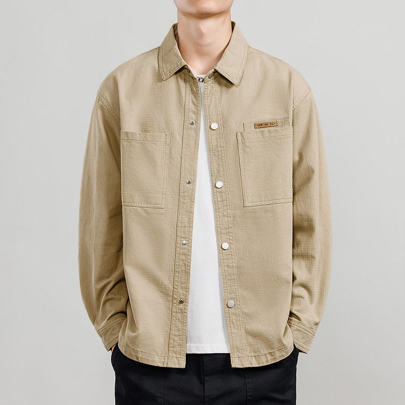 上衣男款春装纯棉衬衫男长袖方领肌理感夹克衣服日系休闲工装外套