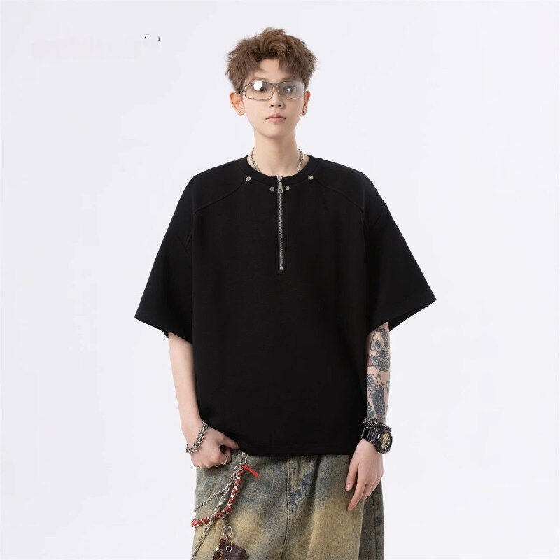 夏季新款高级感半拉链垫肩短袖男美式铆钉设计重磅宽松半袖T恤潮