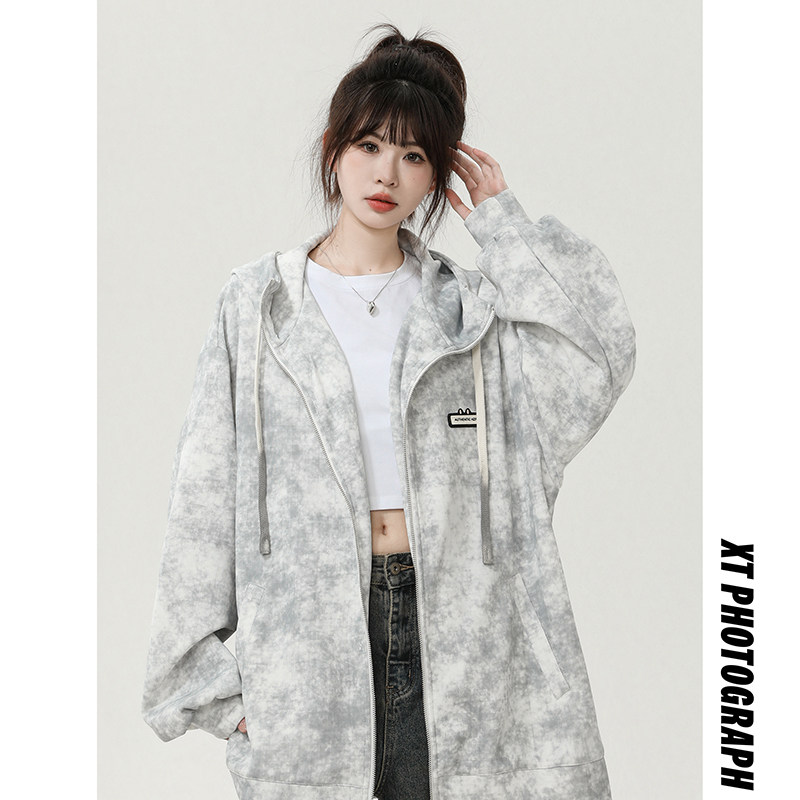 重磅扎染连帽卫衣女春秋款设计感小众宽松外套美式潮牌炸街高级感