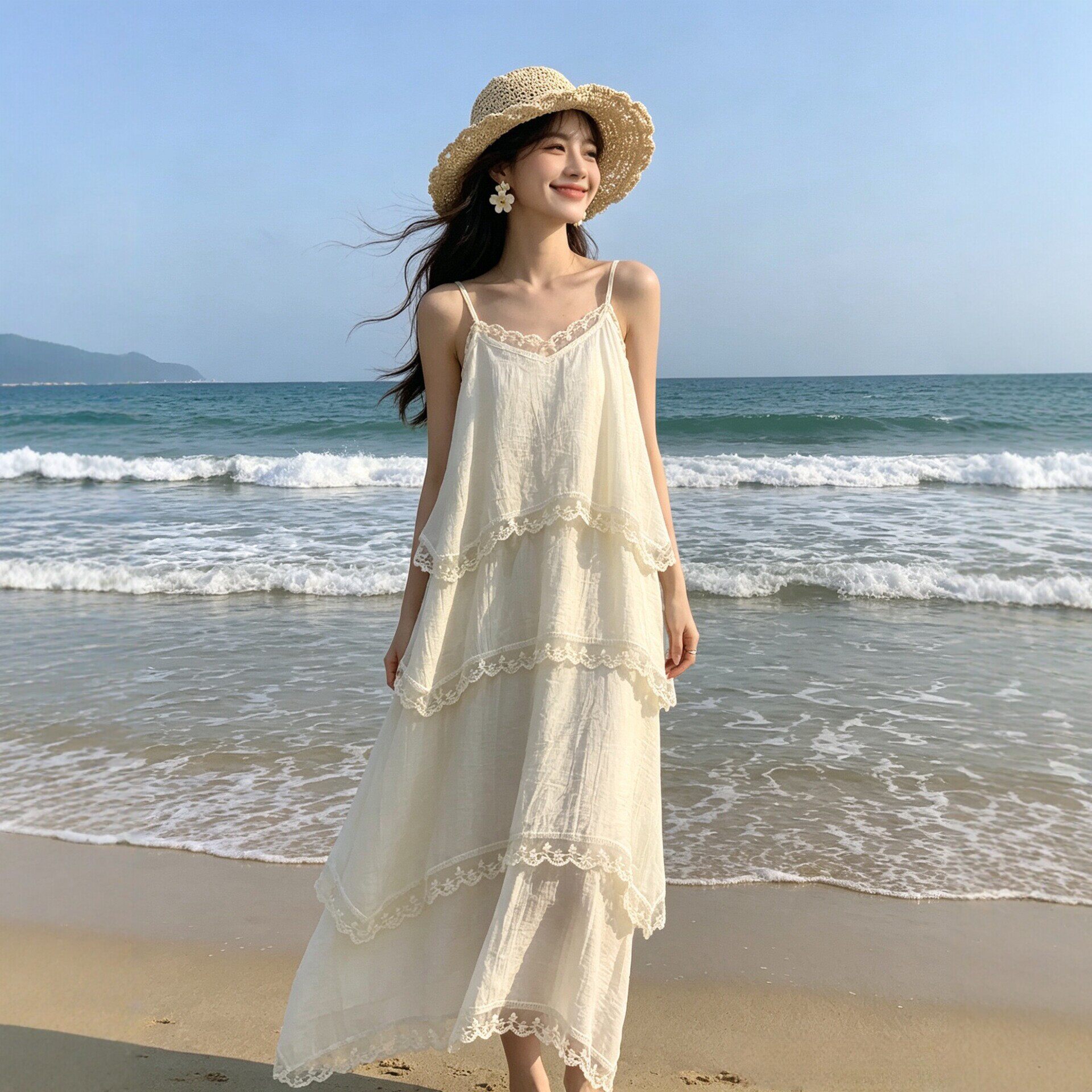 波西米亚风白色吊带连衣裙女夏绝美新疆川西旅游海边度假海岛长裙