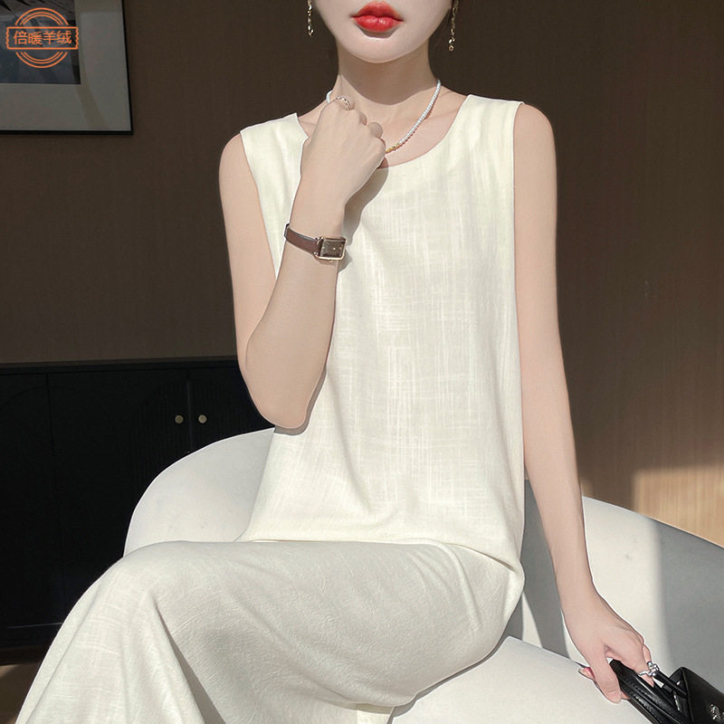 法式新款亚麻针织吊带连衣裙女打底垂感无袖U领背心裙夏大码长裙