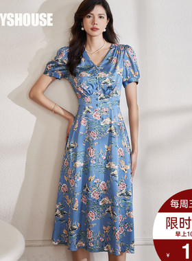 罗衣复古印花国风连衣裙女2025夏装新款气质褶皱缎面大摆裙08511