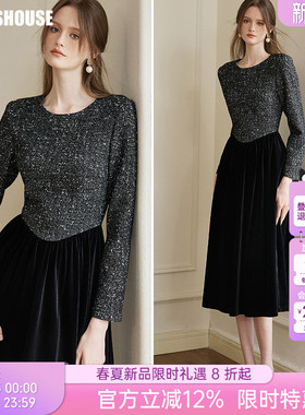 罗衣法式粗花呢拼接丝绒连衣裙女冬季复古宴会穿黑色收腰裙09481