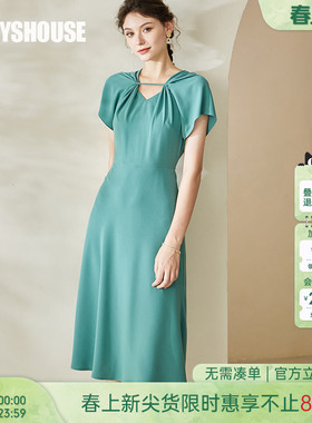 罗衣气质绿色高级感连衣裙2025夏装新款褶皱连袖大摆中长裙08728