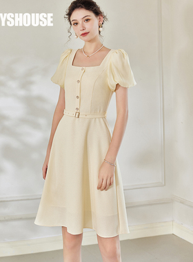 罗衣法式方领系带连衣裙女2025夏装拼接浅黄色肌理感裙子08853