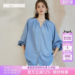 衬衣宽松上衣10036 简约职业洋气长袖 罗衣高级褶皱浅蓝色衬衫 春季