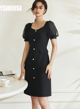 罗衣优雅法式方领修身连衣裙女夏时尚淑女风泡泡袖拼接中裙08449