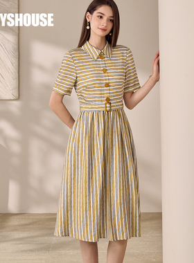 wp罗衣时尚复古条纹衬衫连衣裙2025夏季新款气质收腰大摆裙11922