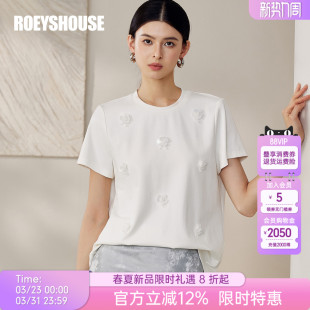 上衣12709 饰打底白色短袖 罗衣时尚 通勤圆领宽松T恤女夏立体花朵装