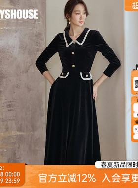 罗衣高级感轻商务收腰丝绒连衣裙女春季法式显瘦通勤大摆裙11464