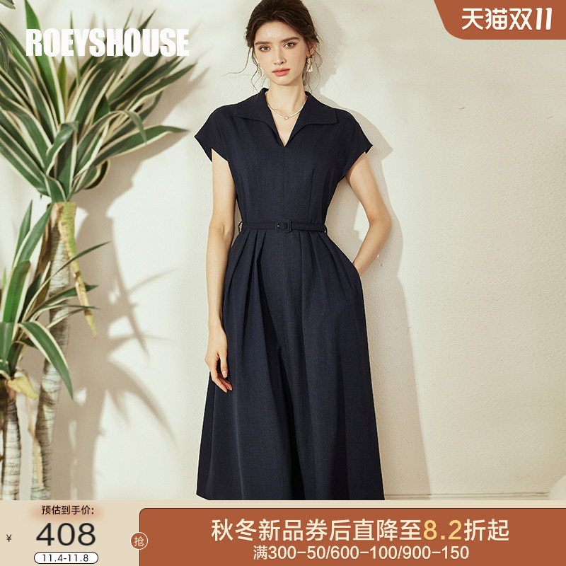 罗衣通勤职业修身连衣裙女2023夏装新款气质藏青色褶皱裙子08719