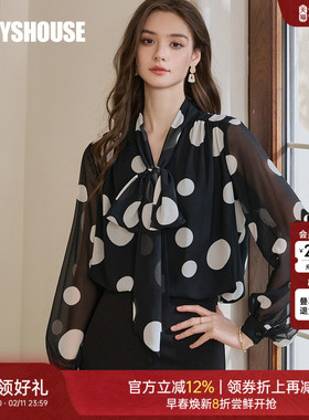 罗衣气质系带领衬衫2025秋季新款优雅波点衬衣通勤长袖上衣11709