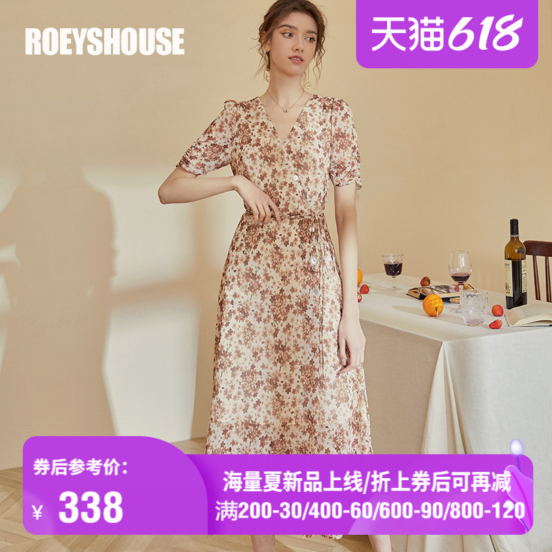 3罗衣短袖印花雪纺连衣裙夏装新款优雅大摆碎花收腰仙女长裙01959