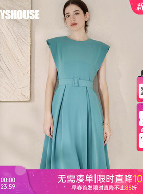 罗衣气质褶皱系带无袖连衣裙2025夏装新款知性绿色大摆裙子08854