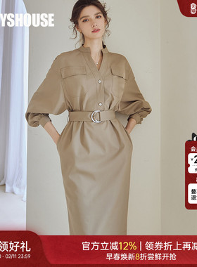 罗衣轻职场V领收腰长袖连衣裙女春上班通勤卡其绿系带中长裙07245