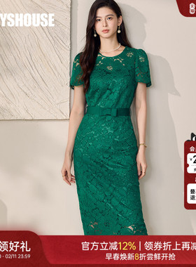 罗衣气质泡泡袖蕾丝绿色连衣裙2025夏季新款时尚系带修身裙12242
