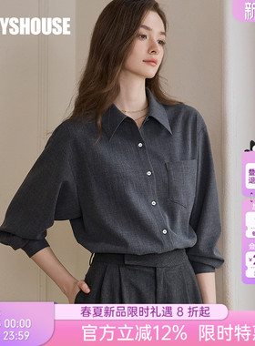罗衣职业OL风通勤翻领衬衫女春气质高级深灰色宽松长袖上衣11704