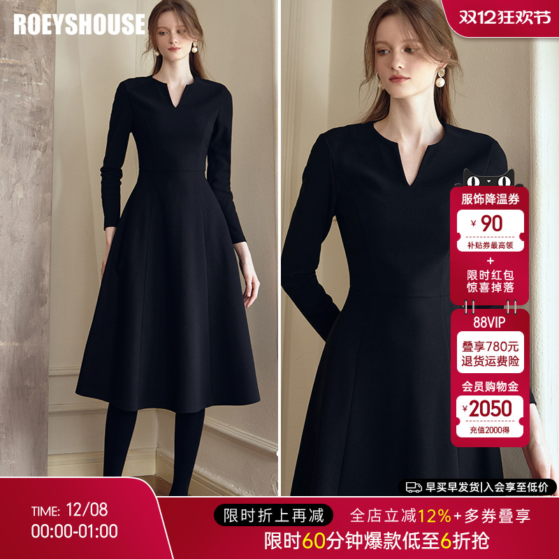 罗衣气质黑色大摆针织连衣裙