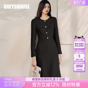 罗衣职场OL风收腰黑色圆领连衣裙女春大摆年会赫本风小黑裙09926