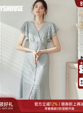 罗衣气质V领荷叶袖蕾丝连衣裙2025夏装新款灰绿色鱼尾摆裙子06545