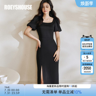 修身 罗衣法式 泡泡袖 方领缎面连衣裙女2025夏装 开叉裙子08228 新款