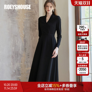 罗衣高级V领黑色针织连衣裙女高端精致系带大摆内搭中长裙09660