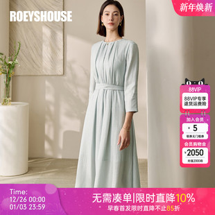 罗衣气质浅绿色系带连衣裙2025秋季 通勤大摆肌理感裙子11725 新款