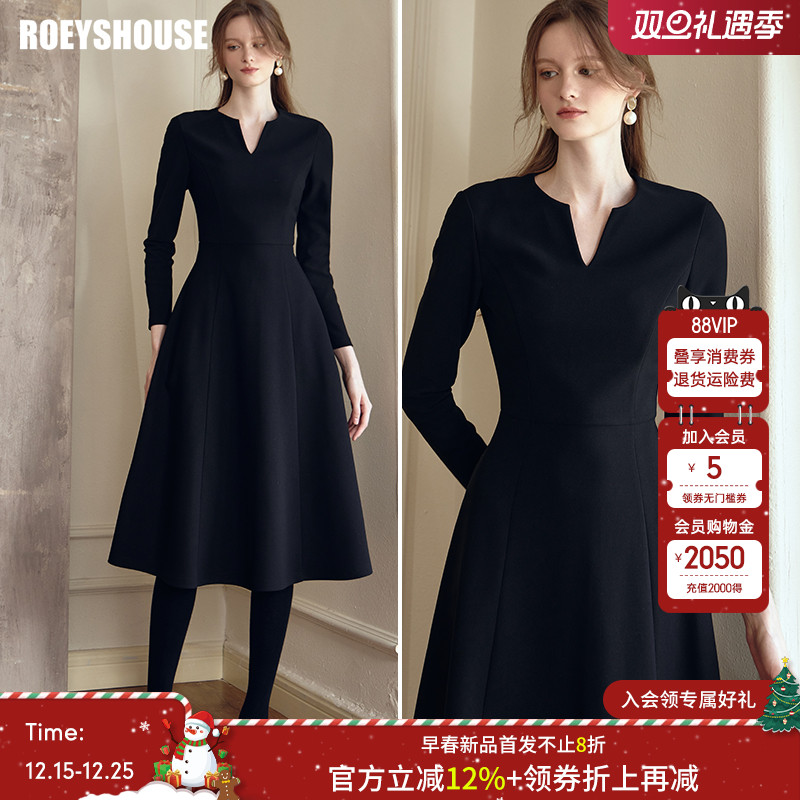 罗衣气质黑色大摆针织连衣裙