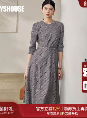 罗衣时尚复古收腰格子连衣裙女春季修身圆领长袖大摆中长裙12737