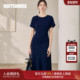 深蓝色收腰连衣裙女2025夏季 新款 气质连袖 罗衣时尚 修身 A字裙11900
